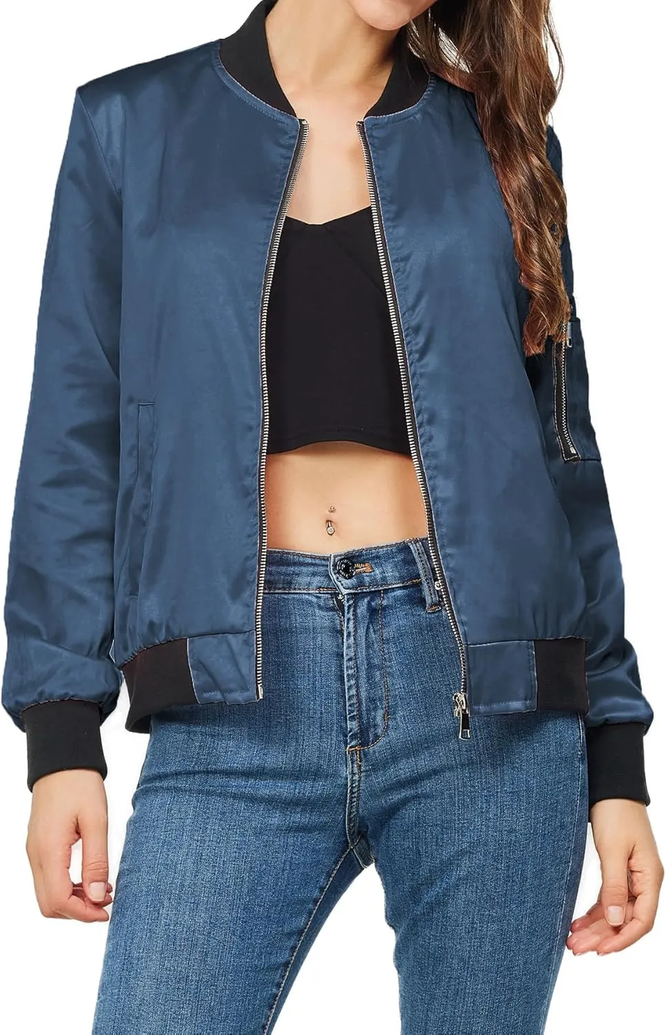 Satin Bomber Jacket Women Casual Fall Varsity Jackets Zip Up Outerwear Windbreaker with Pockets