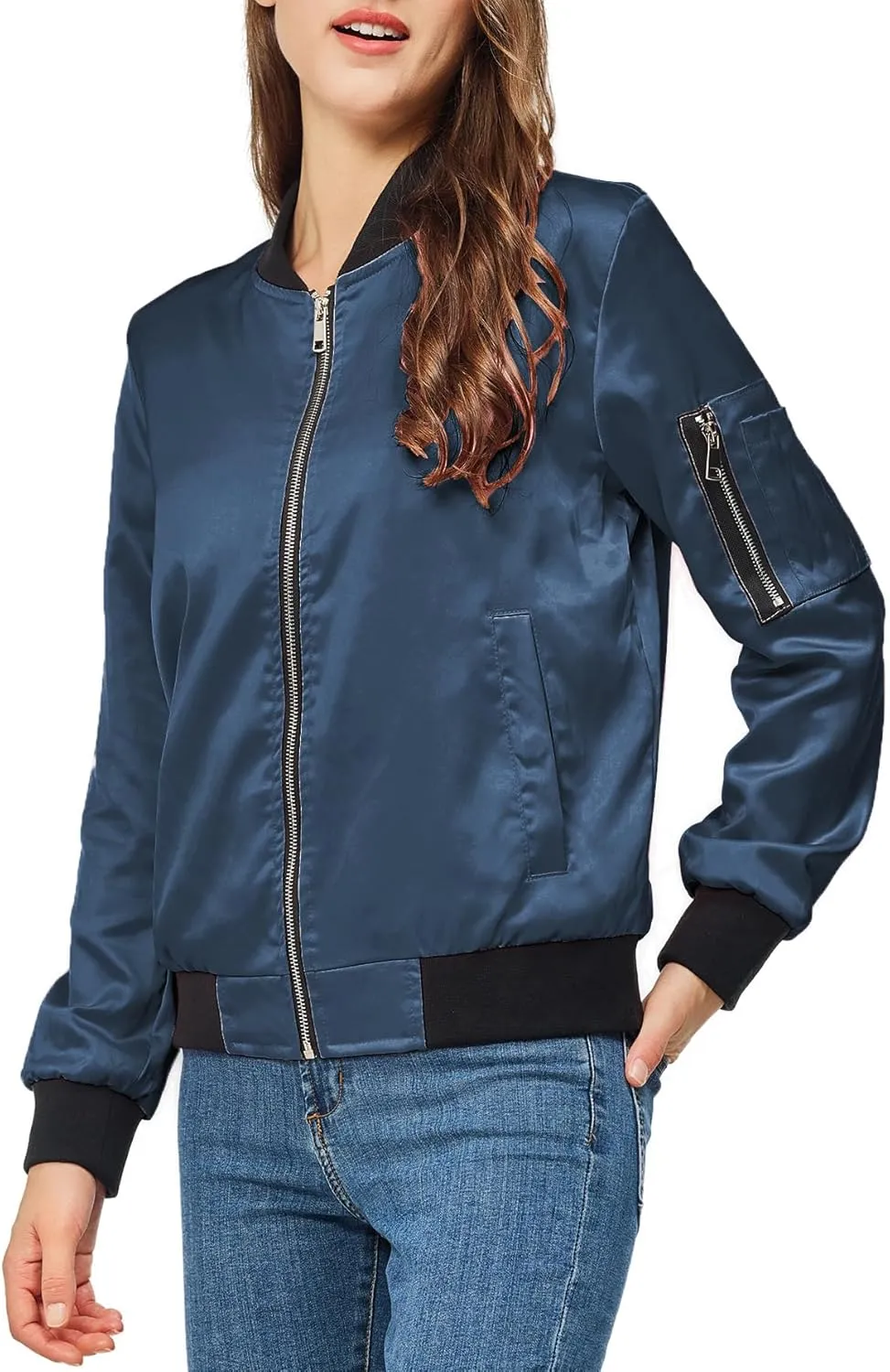 Satin Bomber Jacket Women Casual Fall Varsity Jackets Zip Up Outerwear Windbreaker with Pockets