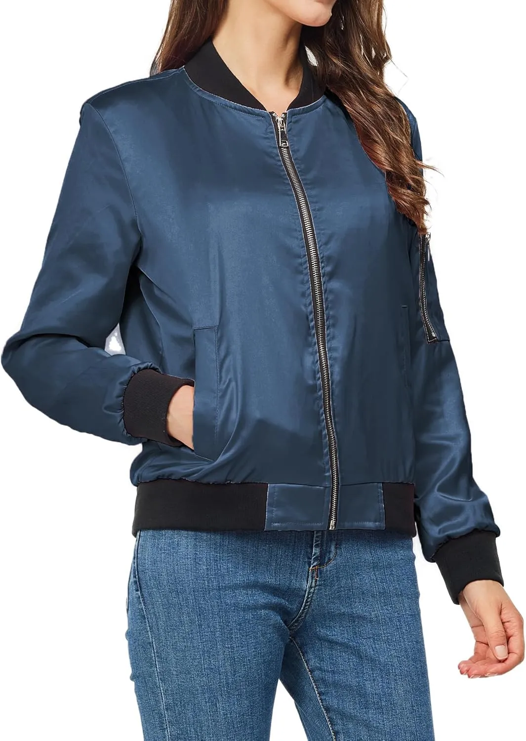 Satin Bomber Jacket Women Casual Fall Varsity Jackets Zip Up Outerwear Windbreaker with Pockets