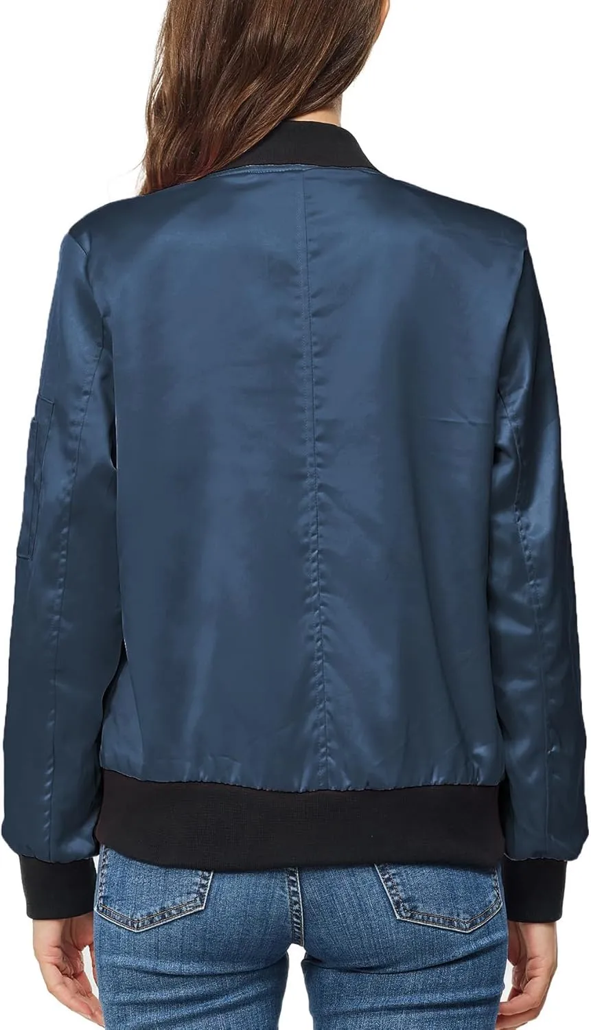 Satin Bomber Jacket Women Casual Fall Varsity Jackets Zip Up Outerwear Windbreaker with Pockets