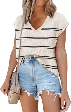 SAUKOLE Women's Sleeveless Sweater Vest Casual V Neck Cap Sleeve Knit Pullover Tank Tops 2025 Spring Clothes