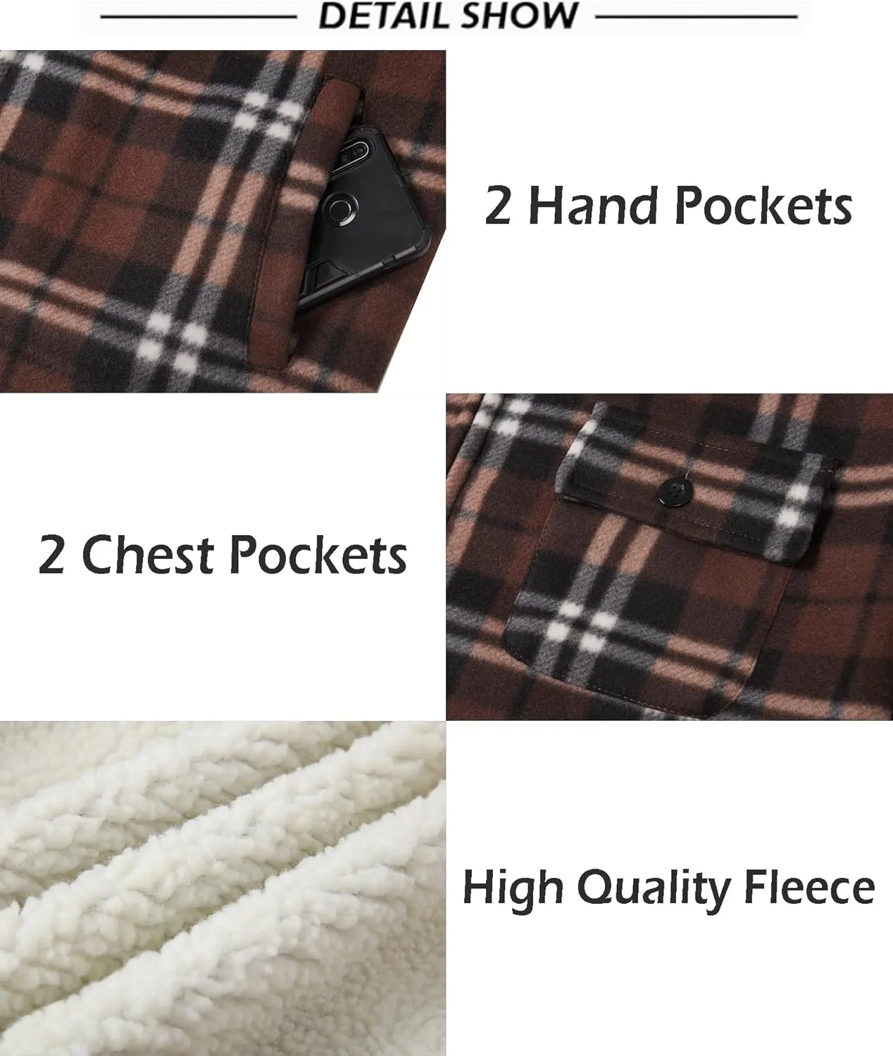 SCODI Men's Flannel Shirt Jacket Fleece Sherpa Lined Plaid Jackets Coat Full Zip Up Hoodie Winter Outwear