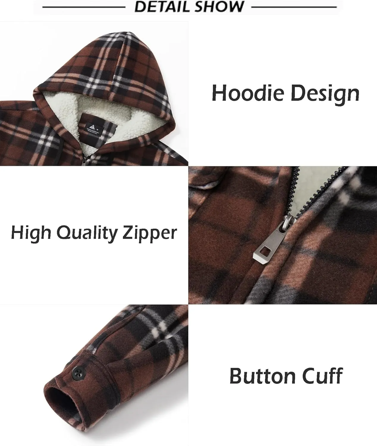SCODI Men's Flannel Shirt Jacket Fleece Sherpa Lined Plaid Jackets Coat Full Zip Up Hoodie Winter Outwear