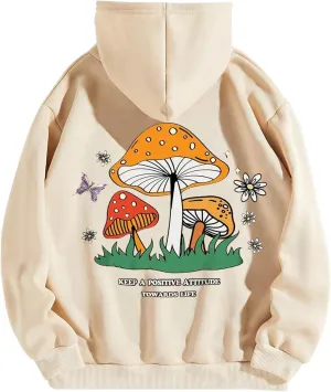 Sdencin Women Mushroom Graphic Letter Print Oversized Fleece Hoodie Long Sleeve Casual Hooded Sweatshirt Pullover Tops