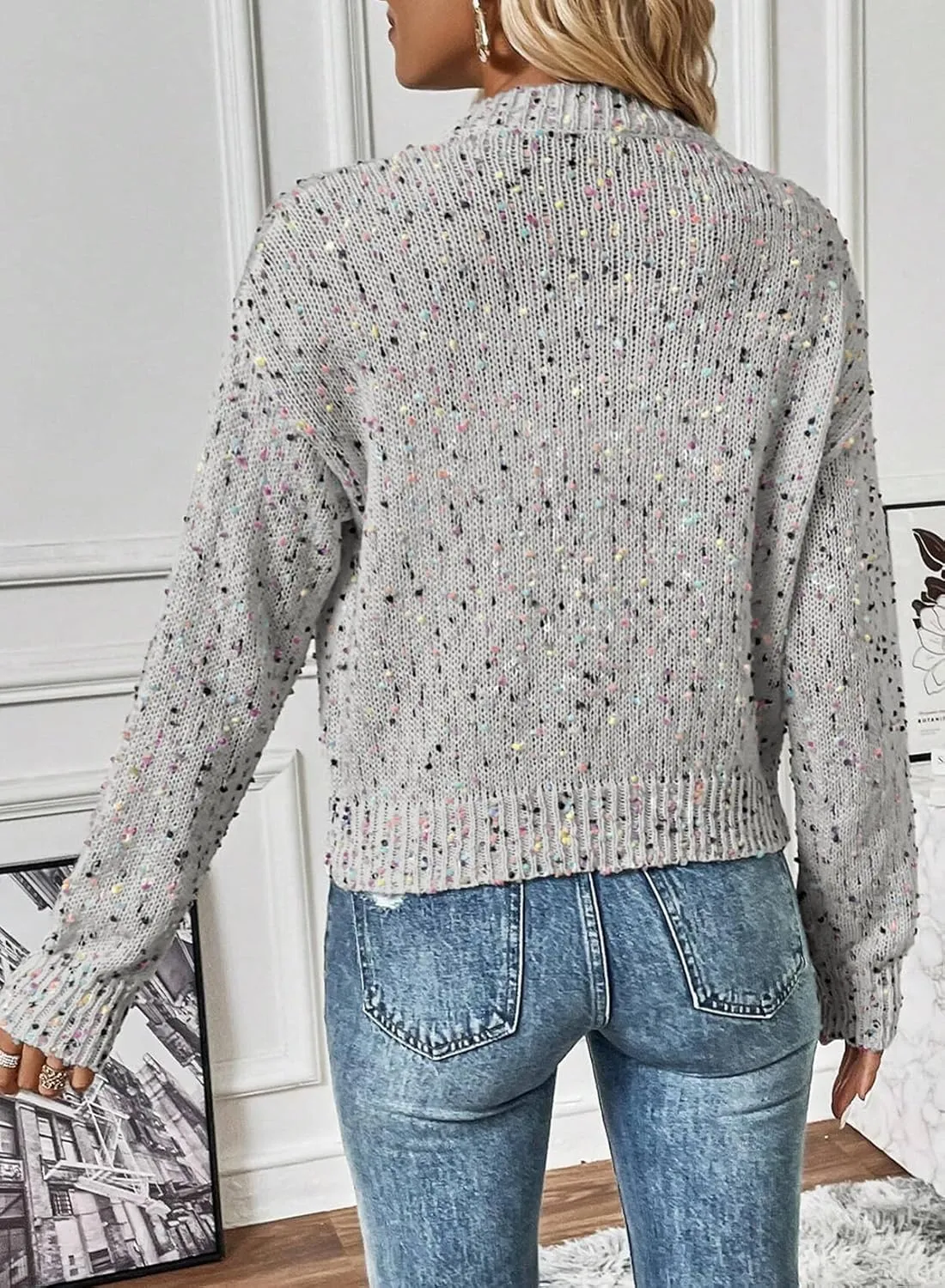 SELINK Women's Cardigan Sweater Elegant Rhinestone Decor Multicolor Confetti Sweater Cardigan Solid Long Sleeve Outwear