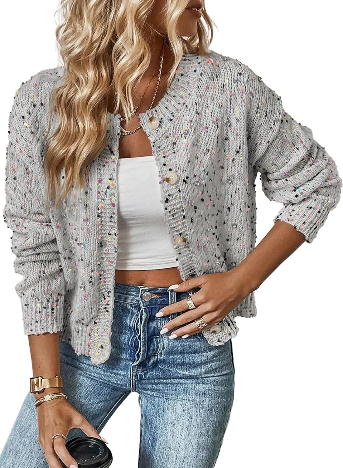 SELINK Women's Cardigan Sweater Elegant Rhinestone Decor Multicolor Confetti Sweater Cardigan Solid Long Sleeve Outwear