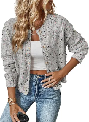 SELINK Women's Cardigan Sweater Elegant Rhinestone Decor Multicolor Confetti Sweater Cardigan Solid Long Sleeve Outwear
