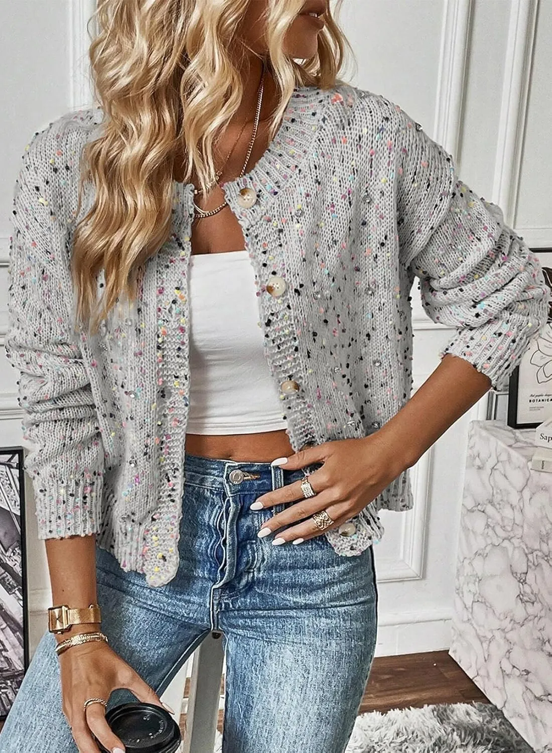 SELINK Women's Cardigan Sweater Elegant Rhinestone Decor Multicolor Confetti Sweater Cardigan Solid Long Sleeve Outwear