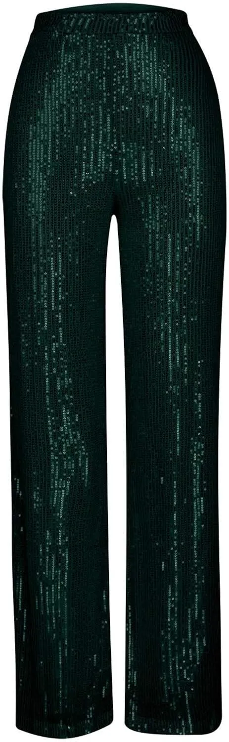 Sequin Pants for Women 2023 High Waist Bell Bottoms Glitter Wide Leg Palazzo Pants Night Club Sparkle Flared Trousers