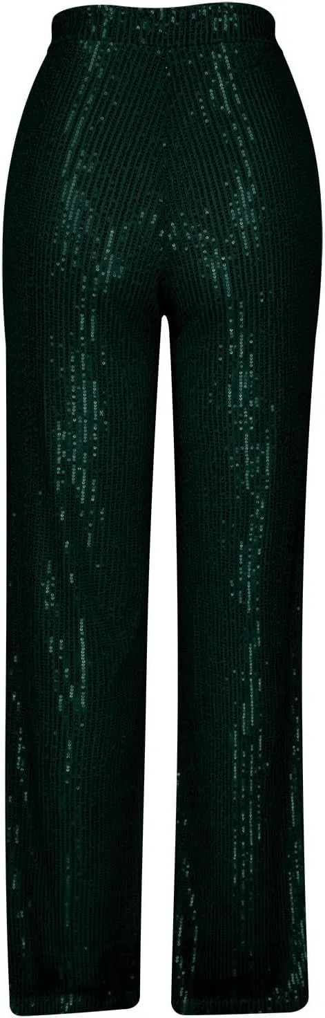 Sequin Pants for Women 2023 High Waist Bell Bottoms Glitter Wide Leg Palazzo Pants Night Club Sparkle Flared Trousers