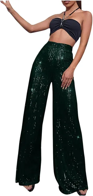 Sequin Pants for Women 2023 High Waist Bell Bottoms Glitter Wide Leg Palazzo Pants Night Club Sparkle Flared Trousers