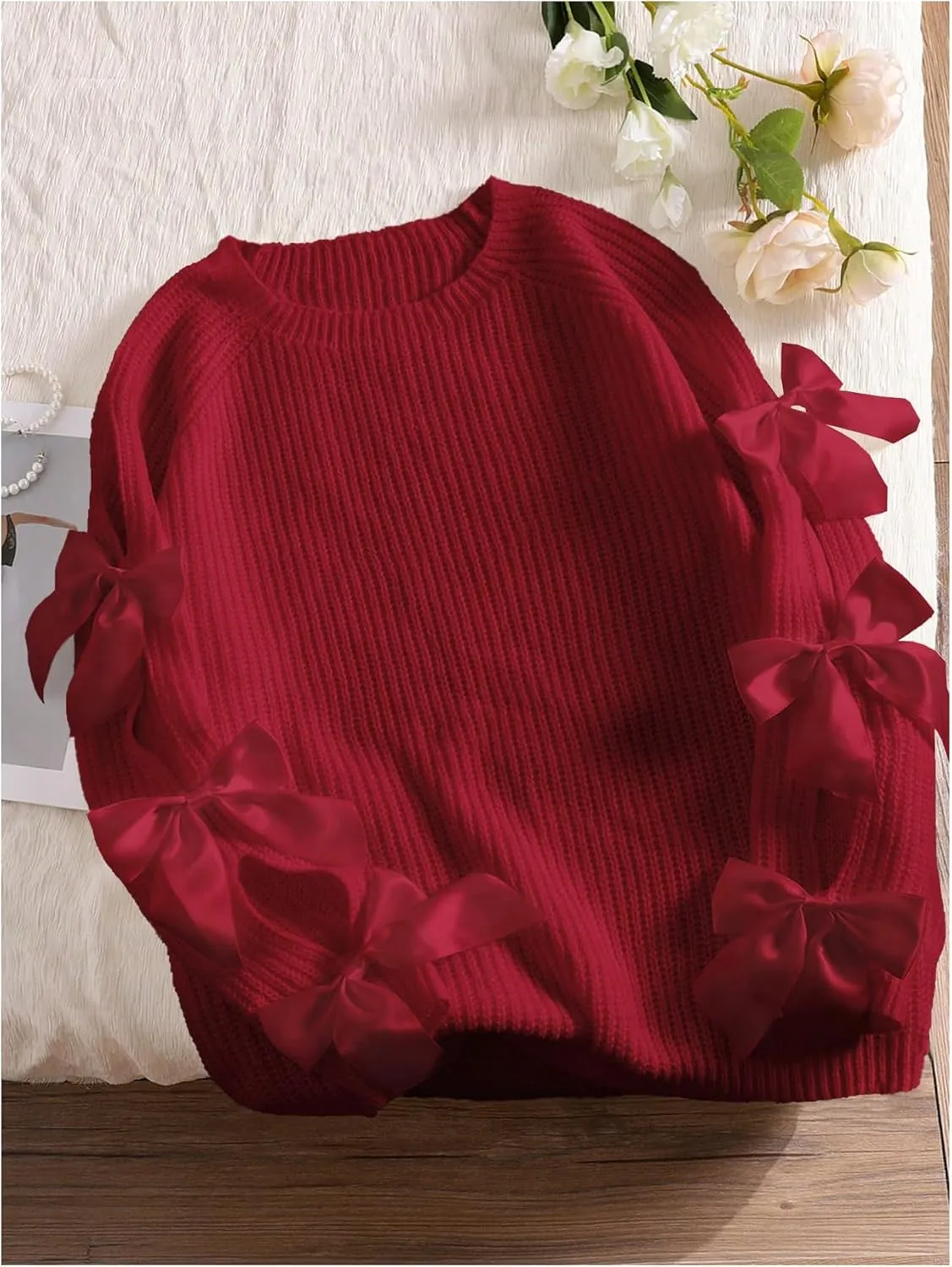 SHENHE Women's Plus Size Bow Sweater Cut Out Raglan Sleeve Crew Neck Loose Knitted Sweater Jumper