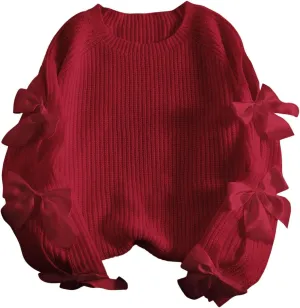 SHENHE Women's Plus Size Bow Sweater Cut Out Raglan Sleeve Crew Neck Loose Knitted Sweater Jumper