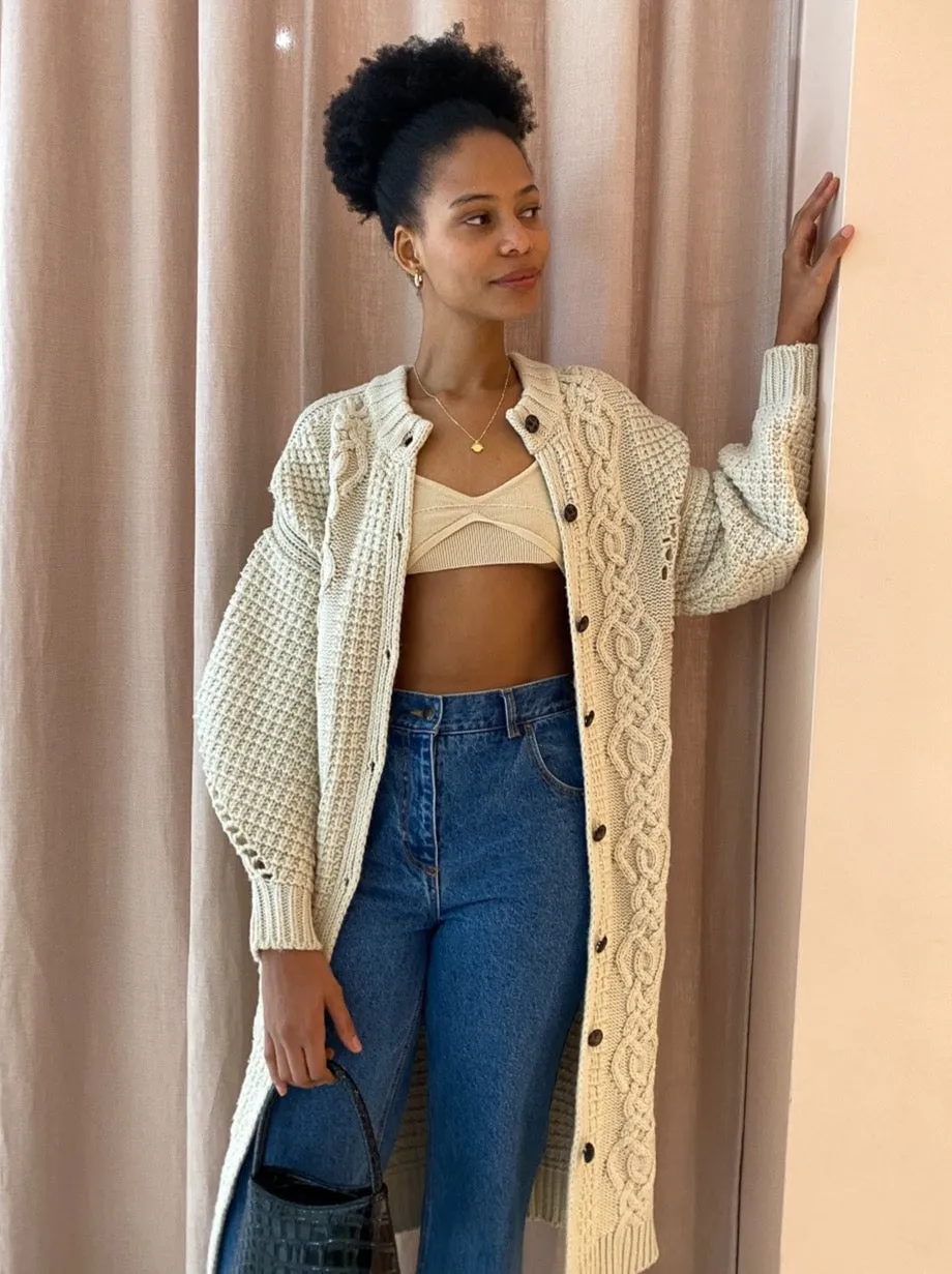 Shona Joy Piper Cocoon Sleeve Cable Midi Cardigan In Oatmeal