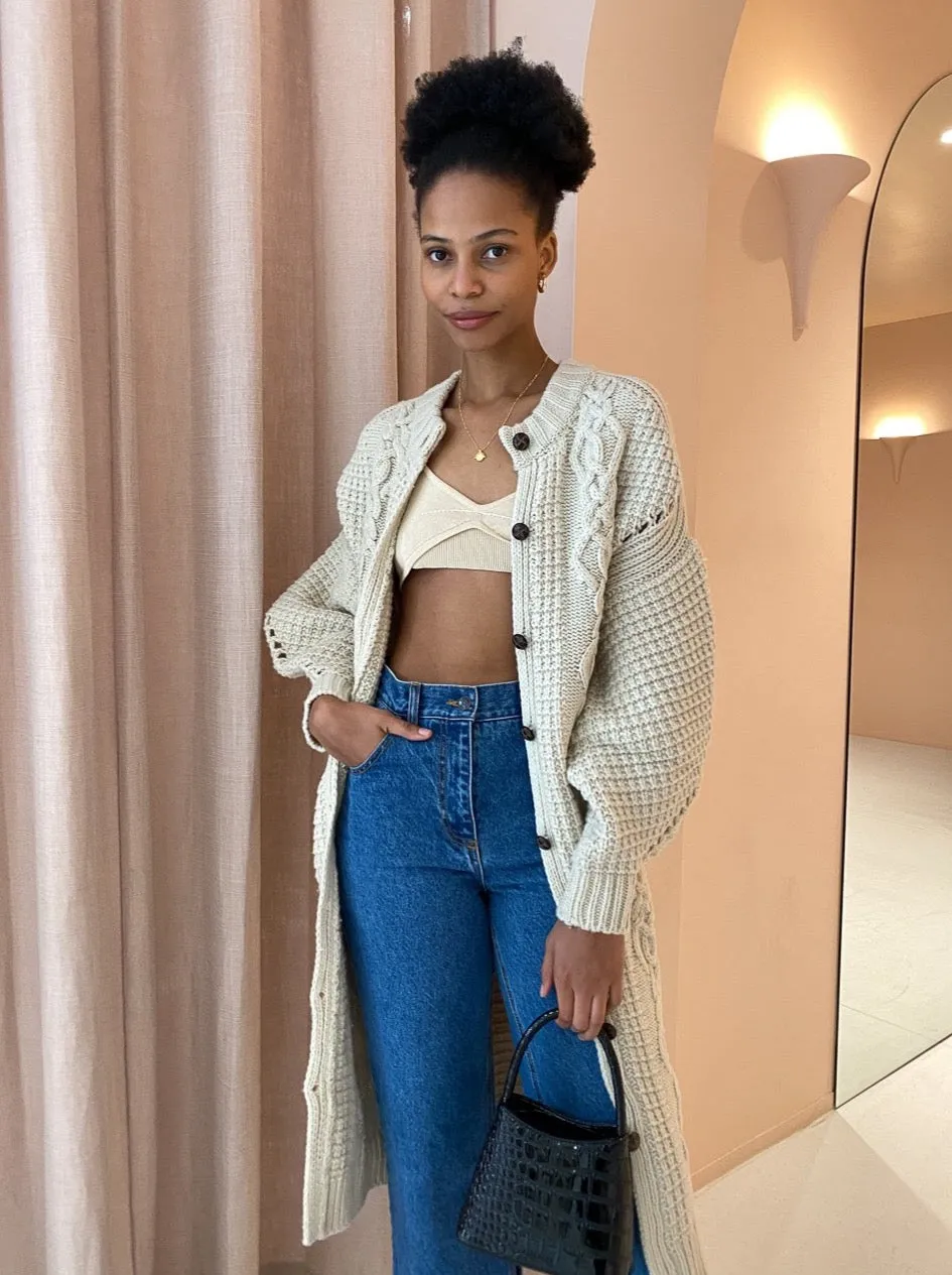 Shona Joy Piper Cocoon Sleeve Cable Midi Cardigan In Oatmeal