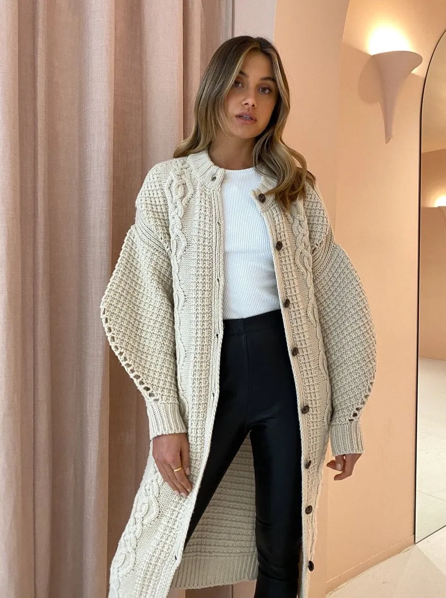 Shona Joy Piper Cocoon Sleeve Cable Midi Cardigan In Oatmeal