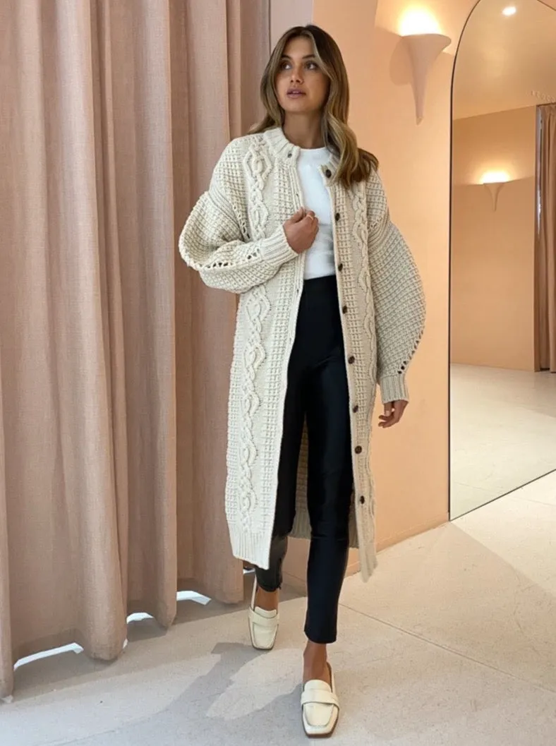 Shona Joy Piper Cocoon Sleeve Cable Midi Cardigan In Oatmeal