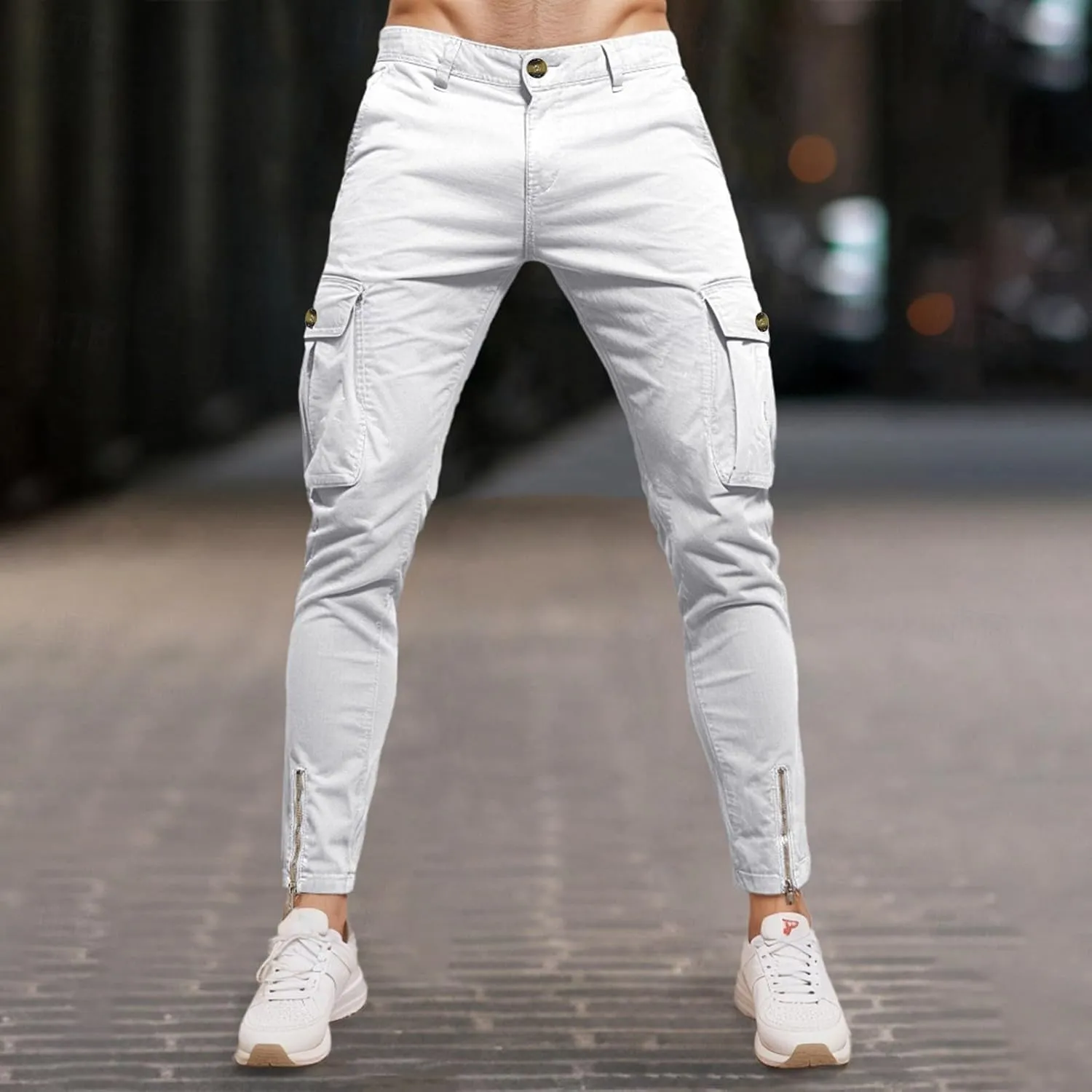 Slim Fit Cargo Pants for Men Cotton Athletic Sports Joggers Running Pants Trendy Zipper Bottom Workout Hiking Pants