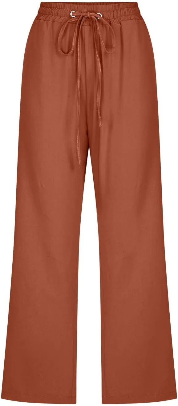 SMIDOW Capri Pants for Women Casual 2025 Summer Drawstring Elastic High Waist Linen Pant Straight Wide Leg Cropped Trouser
