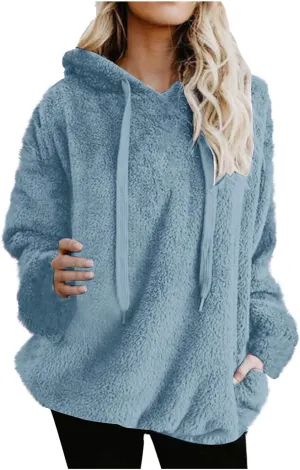 Solid Plush Hoodies for Women Drawstring Round Neck Fleece Pullover Sweatshirts 2025 Winter Oversized Hooded Tops