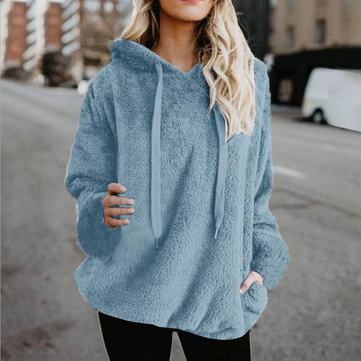 Solid Plush Hoodies for Women Drawstring Round Neck Fleece Pullover Sweatshirts 2025 Winter Oversized Hooded Tops