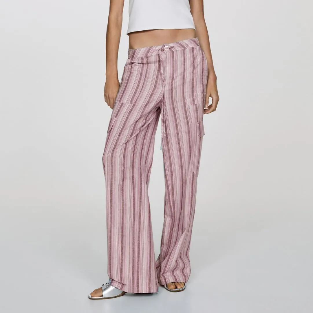 SOLILOQUY Women Boho Wide Leg Beach Pants Drawstring Elastic Waist Wide Leg Flowy Striped Pants Lounge Pants with Pockets