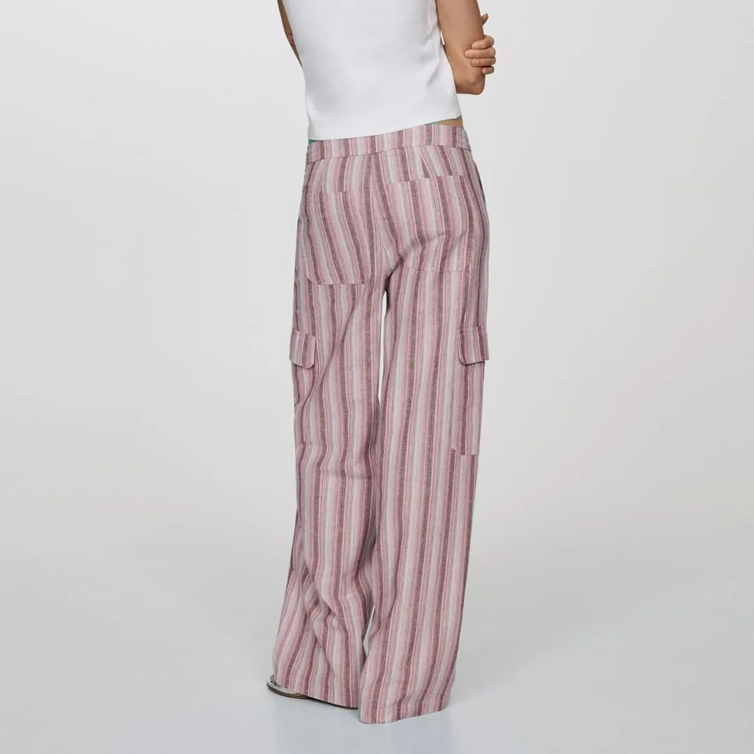 SOLILOQUY Women Boho Wide Leg Beach Pants Drawstring Elastic Waist Wide Leg Flowy Striped Pants Lounge Pants with Pockets