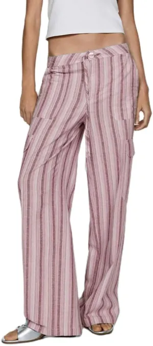 SOLILOQUY Women Boho Wide Leg Beach Pants Drawstring Elastic Waist Wide Leg Flowy Striped Pants Lounge Pants with Pockets
