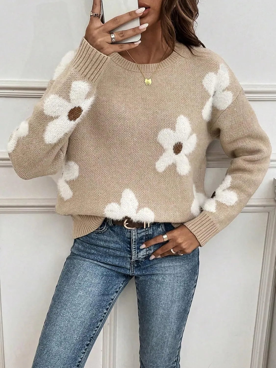 SOLY HUX Women's Floral Sweaters 2024 Fall Winter Crew Neck Pullover Tops Long Sleeve Casual Loose Sweater Knit