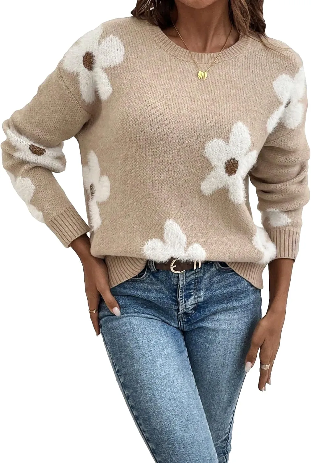 SOLY HUX Women's Floral Sweaters 2024 Fall Winter Crew Neck Pullover Tops Long Sleeve Casual Loose Sweater Knit