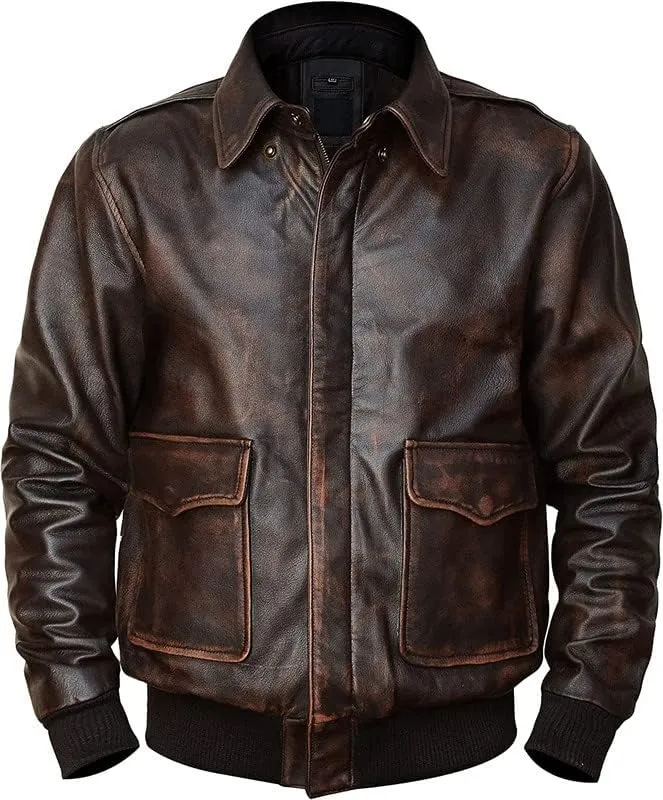 SpazeUp A2 Leather Jacket Men - Air Force Pilot Flight Distressed Brown Leather Jacket Men