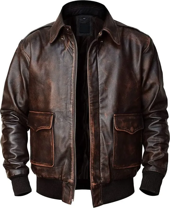 SpazeUp A2 Leather Jacket Men - Air Force Pilot Flight Distressed Brown Leather Jacket Men