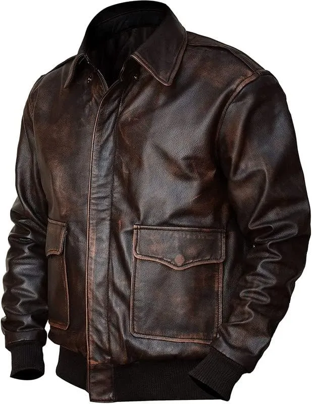SpazeUp A2 Leather Jacket Men - Air Force Pilot Flight Distressed Brown Leather Jacket Men
