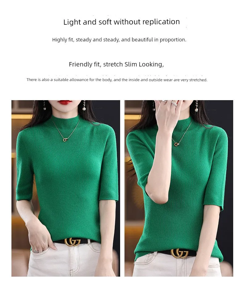 Spring & Fall Half Turtleneck Knitting Short Sleeve Women's Slim-Fit All-Match T-shirt Half Sleeve Shirt 2024 New Arrival Bottoming Shirt Half Sleeve
