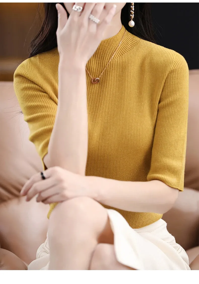Spring & Fall Half Turtleneck Knitting Short Sleeve Women's Slim-Fit All-Match T-shirt Half Sleeve Shirt 2024 New Arrival Bottoming Shirt Half Sleeve