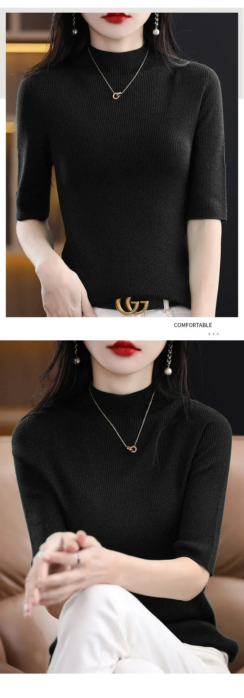 Spring & Fall Half Turtleneck Knitting Short Sleeve Women's Slim-Fit All-Match T-shirt Half Sleeve Shirt 2024 New Arrival Bottoming Shirt Half Sleeve