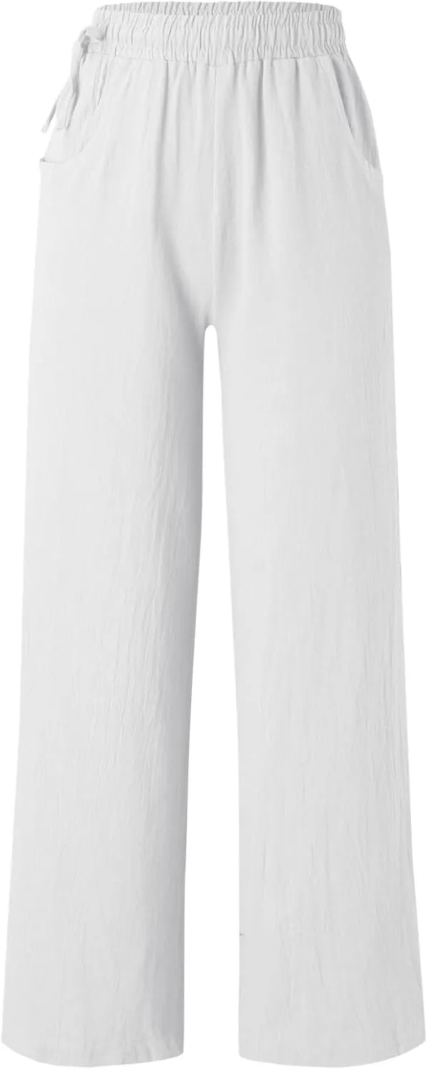 Spring Linen Pants for Women Casual Baggy Pants with Pockets Summer Comfy Wide Leg Trousers Boho Lounge Palazzo Pant