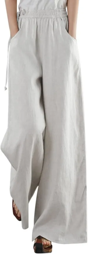 Spring Linen Pants for Women Casual Baggy Pants with Pockets Summer Comfy Wide Leg Trousers Boho Lounge Palazzo Pant