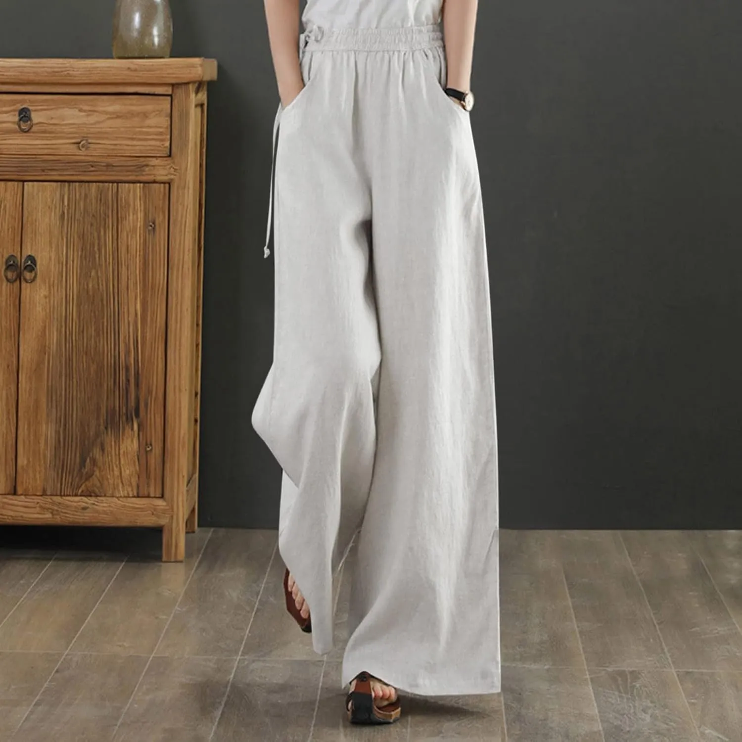 Spring Linen Pants for Women Casual Baggy Pants with Pockets Summer Comfy Wide Leg Trousers Boho Lounge Palazzo Pant