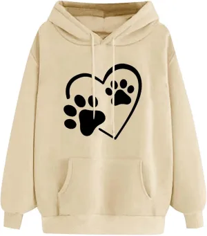 Stessotudo Heart Print Hoodies for Women Drawstring Long Sleeve Cute Sweatshirt Paw Print Plus Size Oversized Graphic Tops