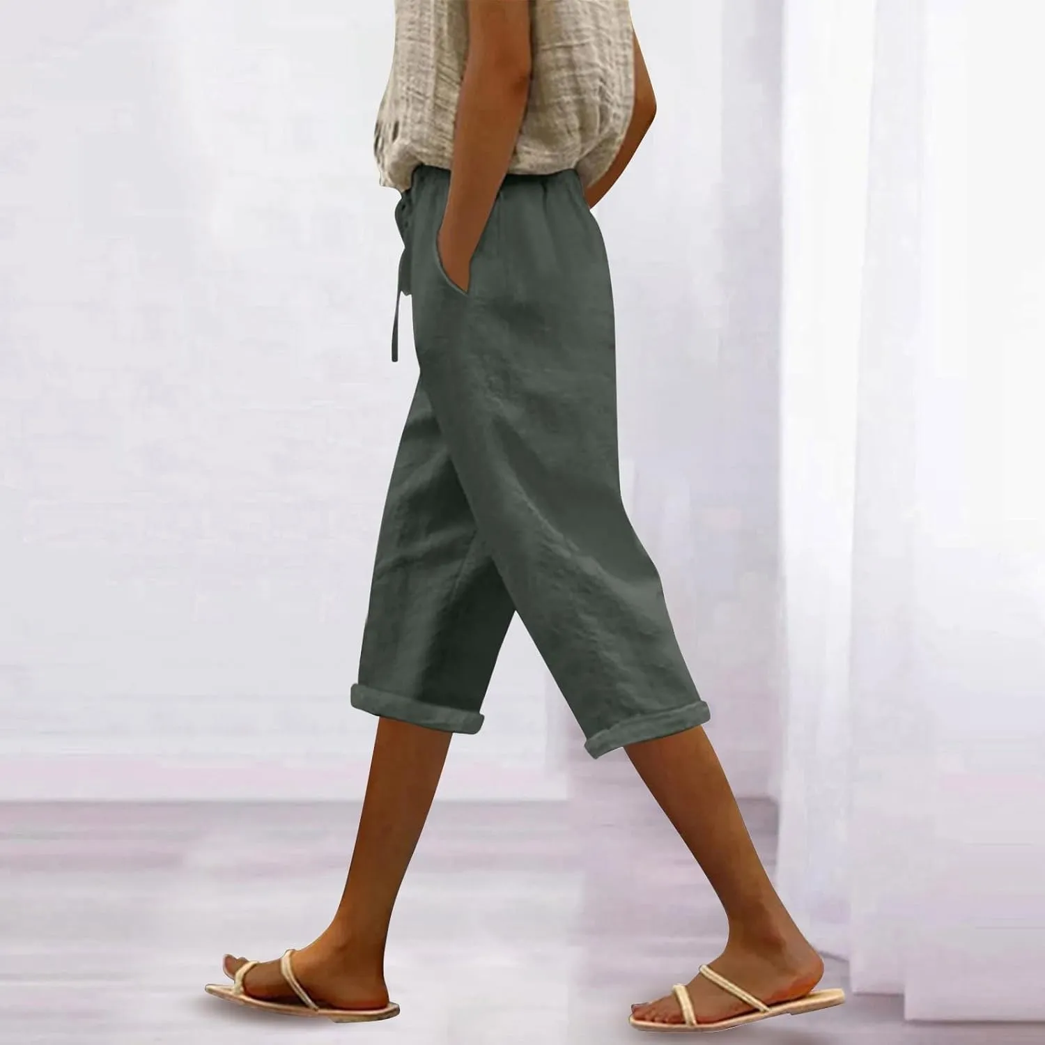 Straight Leg Linen Pants for Women Dressy Lounge Lightweight Loose High Waist Linen Slacks for Women