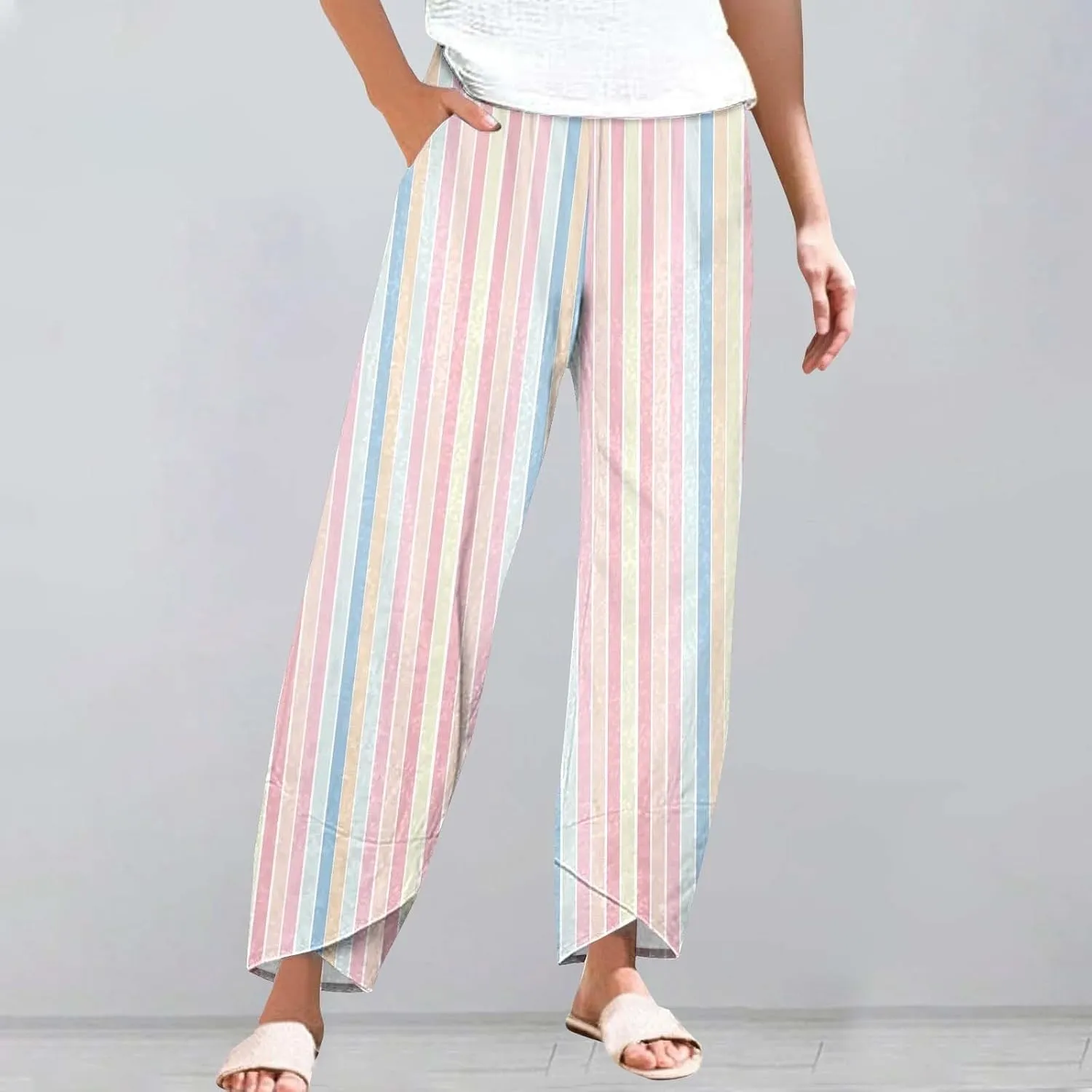 Striped Linen Pants for Women Summer Casual Straight Leg Capri Trousers Beach Relax Cropped Palazzo Pant with Pockets