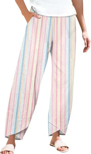 Striped Linen Pants for Women Summer Casual Straight Leg Capri Trousers Beach Relax Cropped Palazzo Pant with Pockets