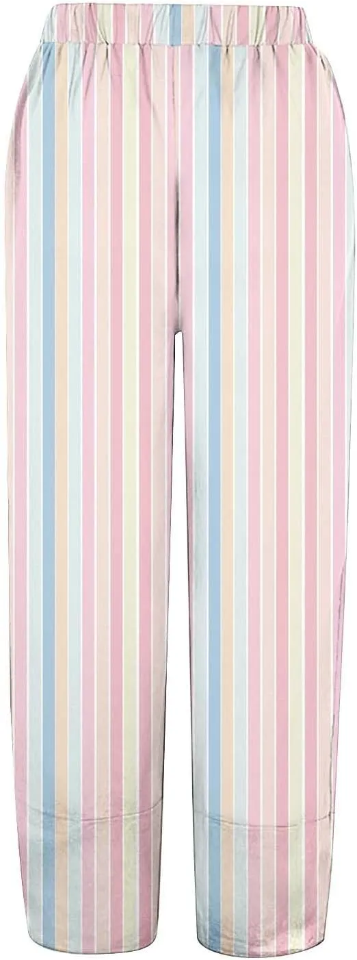 Striped Linen Pants for Women Summer Casual Straight Leg Capri Trousers Beach Relax Cropped Palazzo Pant with Pockets
