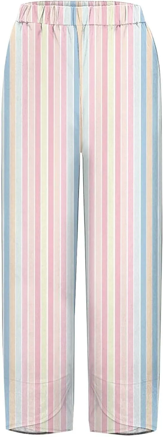 Striped Linen Pants for Women Summer Casual Straight Leg Capri Trousers Beach Relax Cropped Palazzo Pant with Pockets