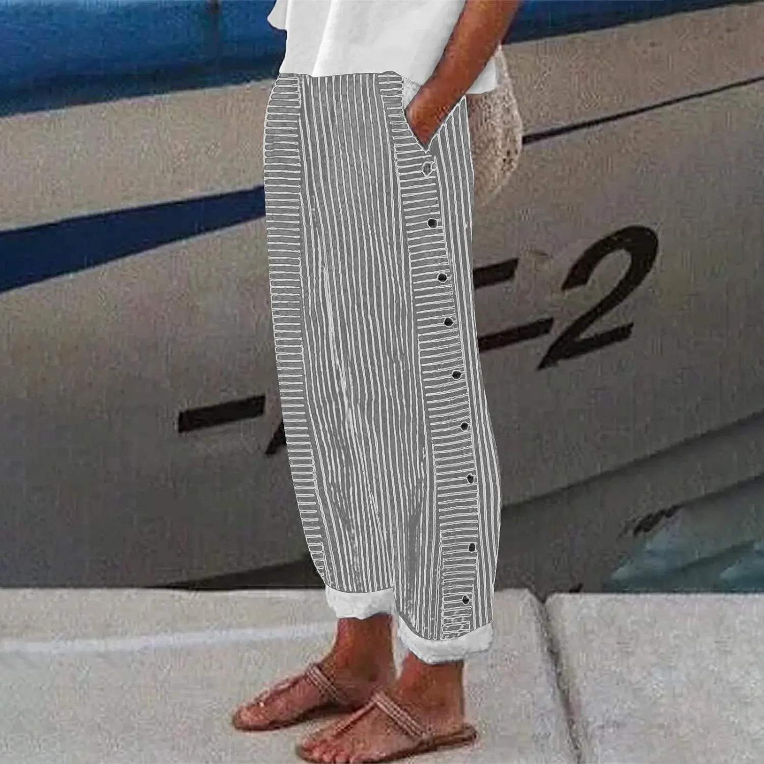 Striped Linen Pants Women Capri Gauze Side Button Elastic Waist Lightweight Casual Summer Beach Cropped Trousers 2025