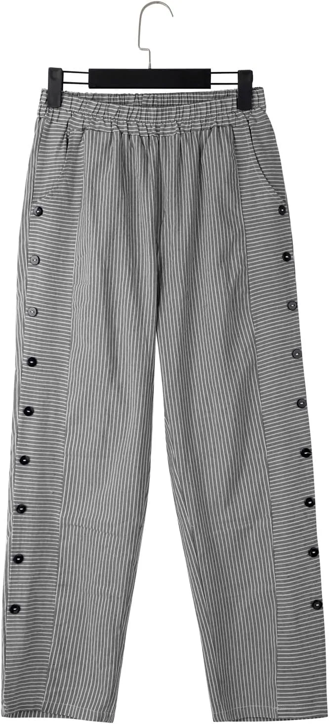 Striped Linen Pants Women Capri Gauze Side Button Elastic Waist Lightweight Casual Summer Beach Cropped Trousers 2025