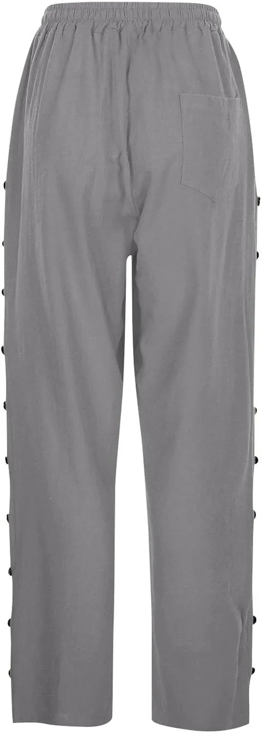 Striped Linen Pants Women Summer Casual Boho Beach Pants Lightweight Elastic Waist Capri Pants Side Button Trousers