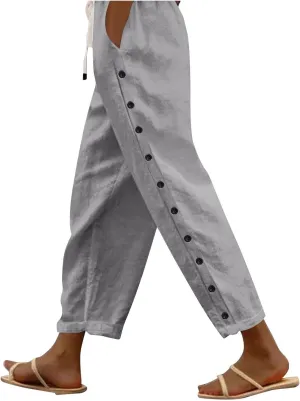 Striped Linen Pants Women Summer Casual Boho Beach Pants Lightweight Elastic Waist Capri Pants Side Button Trousers