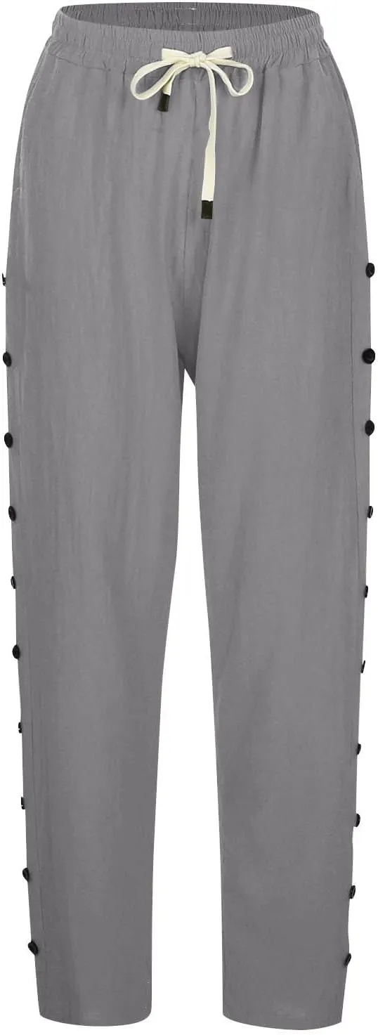 Striped Linen Pants Women Summer Casual Boho Beach Pants Lightweight Elastic Waist Capri Pants Side Button Trousers